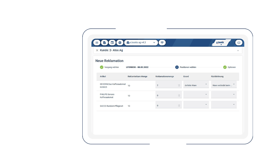 Mobile CRM App Reklamationen Positionsauswahl